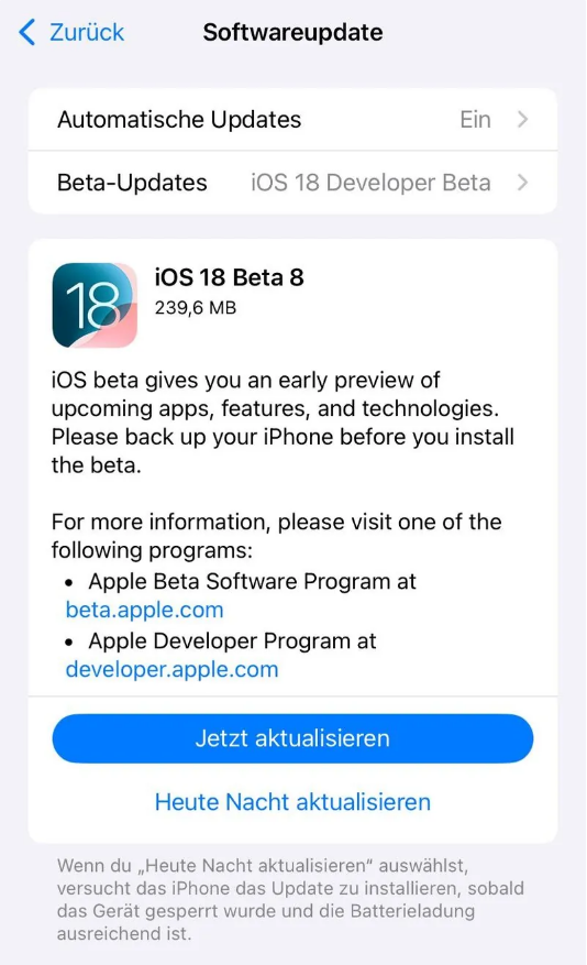 新华镇苹果手机维修分享苹果 iOS / iPadOS 18 开发者预览版 Beta 8 发布 